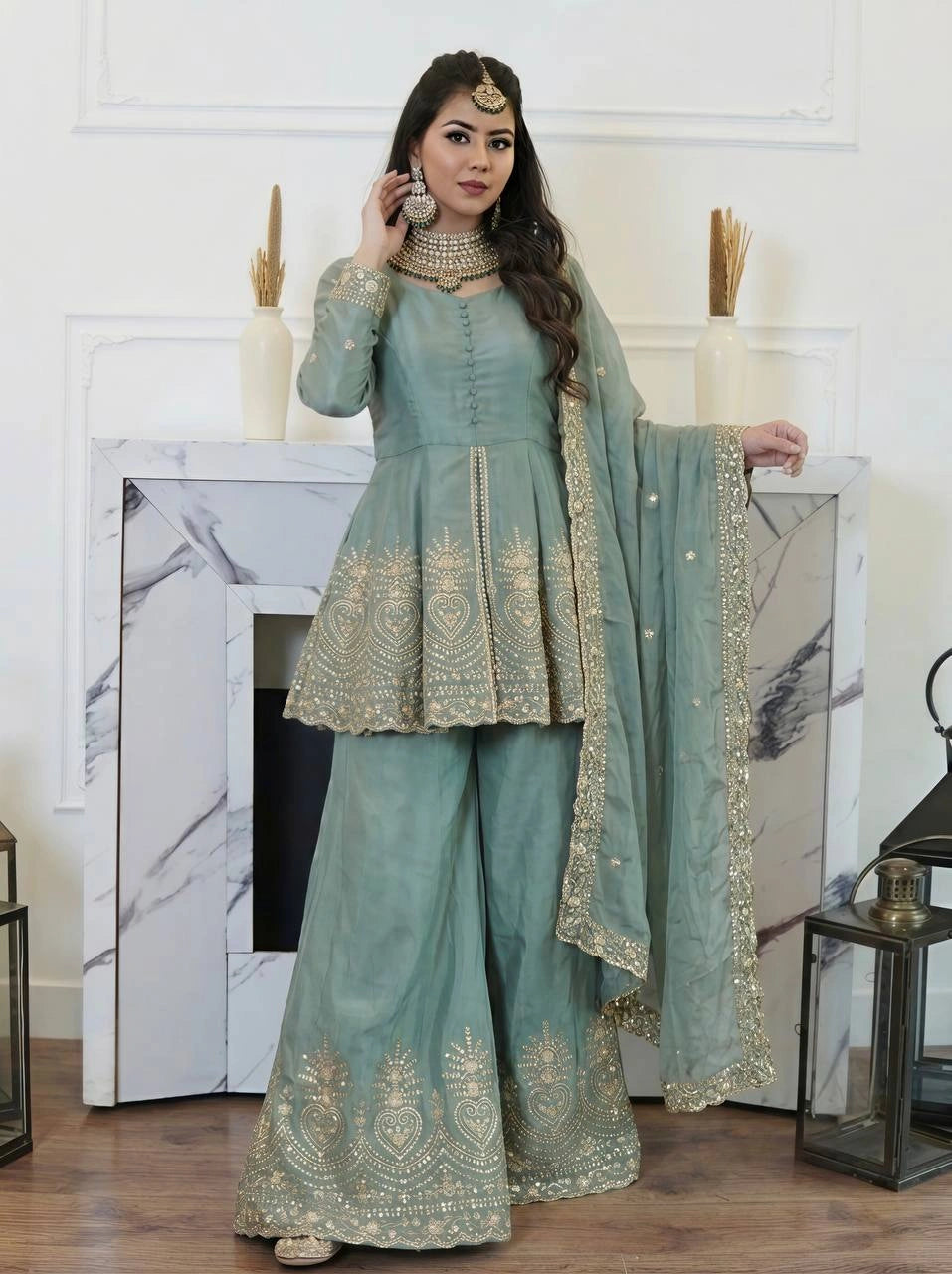 Sage Green Palazzo Suit model shot 3 – Kalyanja KU304